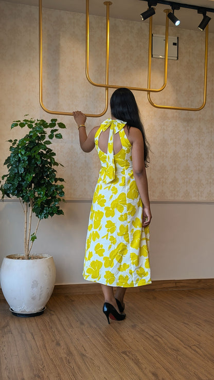 Neon Green Floral Print Open Back Dress