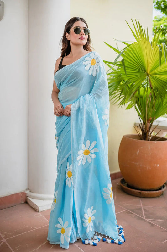Blue Khadi cotton saree with Printed flower work