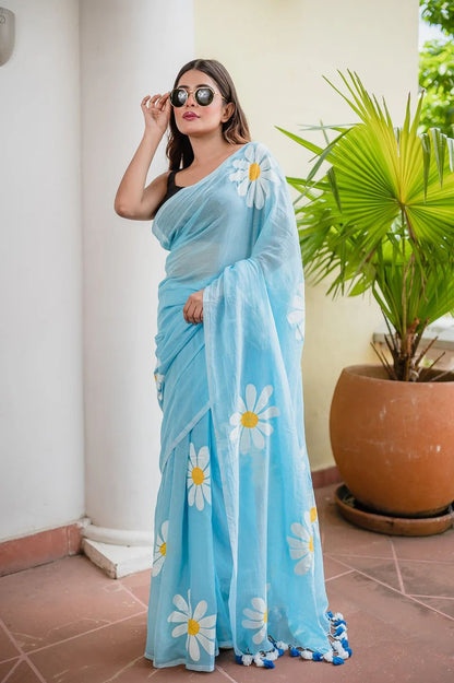 Blue Khadi cotton saree with Printed flower work