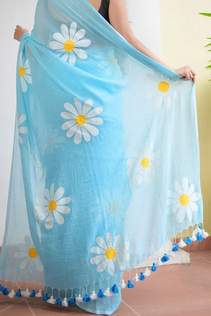 Blue Khadi cotton saree with Printed flower work