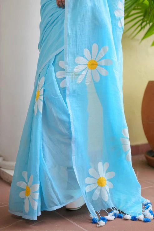 Blue Khadi cotton saree with Printed flower work