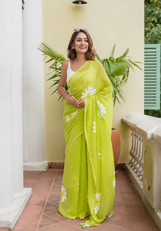 Green Khadi cotton saree with Printed flower work