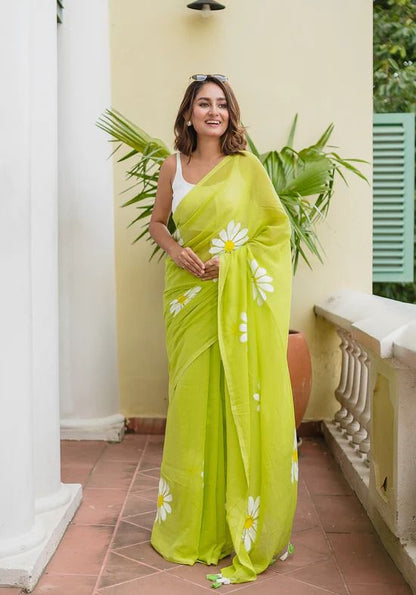 Green Khadi cotton saree with Printed flower work