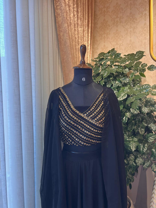 Embellished Black Crop Top & Skirt Set with Sheer Coat