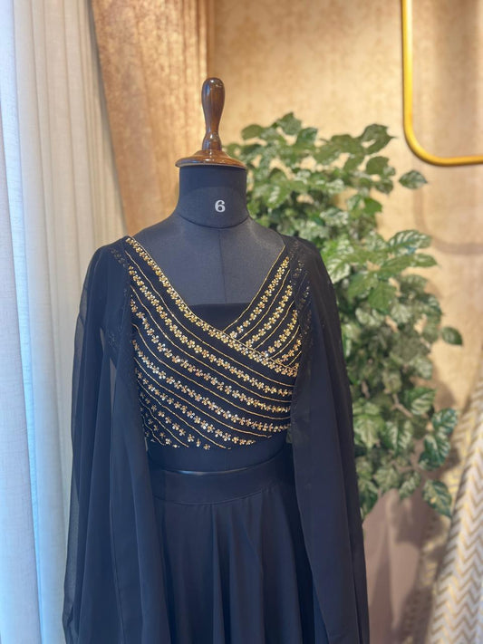 Embellished Black Crop Top & Skirt Set with Sheer Coat