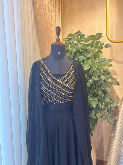 Embellished Black Crop Top & Skirt Set with Sheer Coat