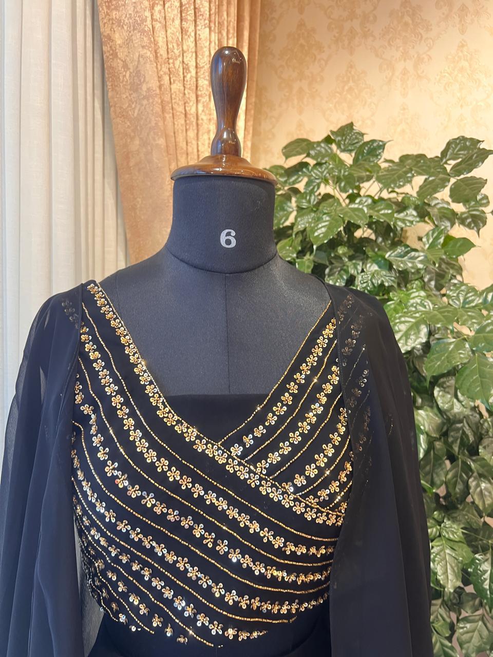 Embellished Black Crop Top & Skirt Set with Sheer Coat