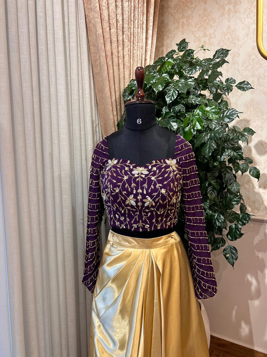 Royal Purple Embroidered Crop Top & Gold Skirt Set