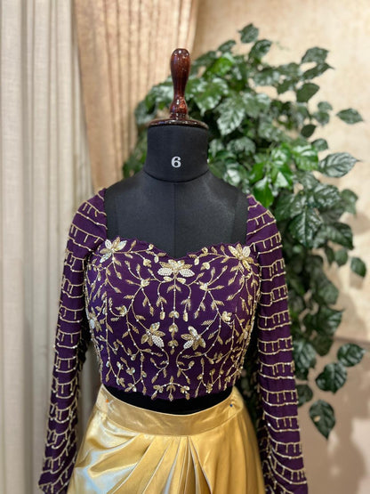 Royal Purple Embroidered Crop Top & Gold Skirt Set
