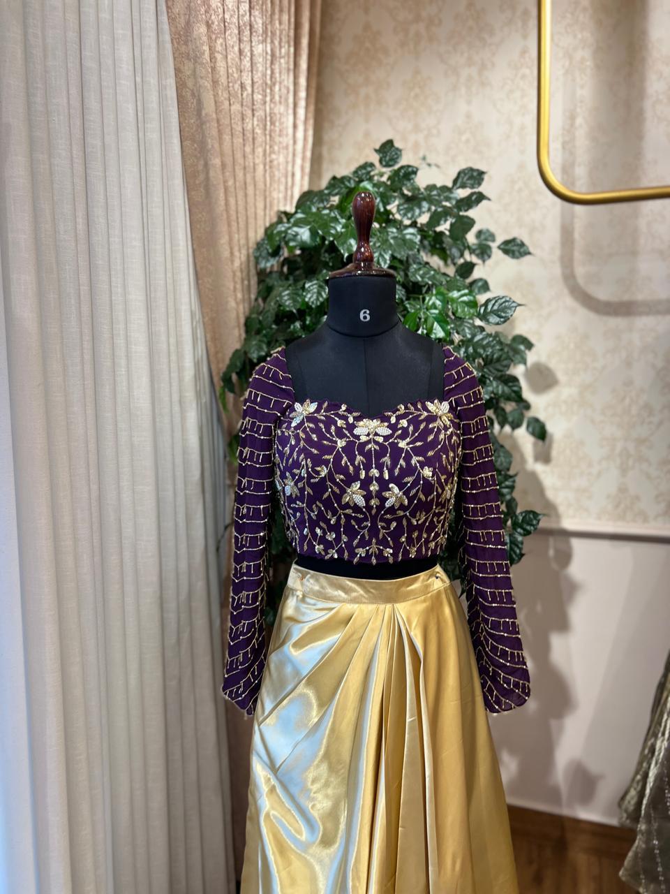 Royal Purple Embroidered Crop Top & Gold Skirt Set
