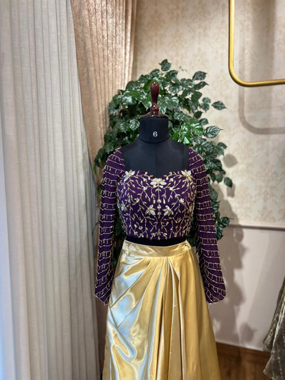 Royal Purple Embroidered Crop Top & Gold Skirt Set