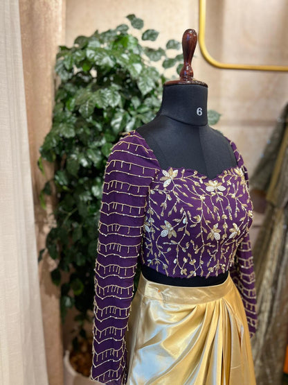 Royal Purple Embroidered Crop Top & Gold Skirt Set