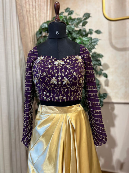 Royal Purple Embroidered Crop Top & Gold Skirt Set