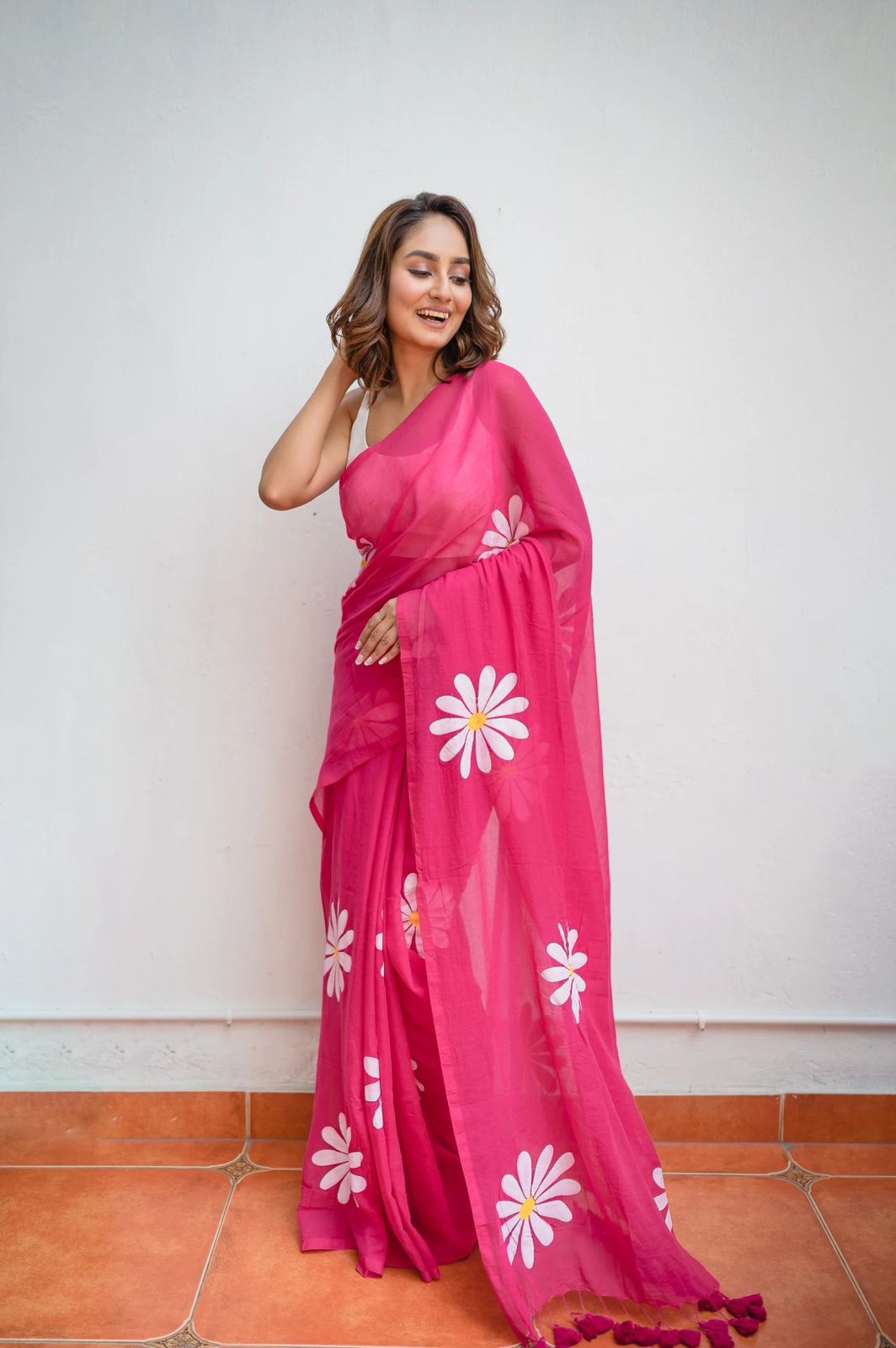 Pink Khadi cotton saree with Printed flower work