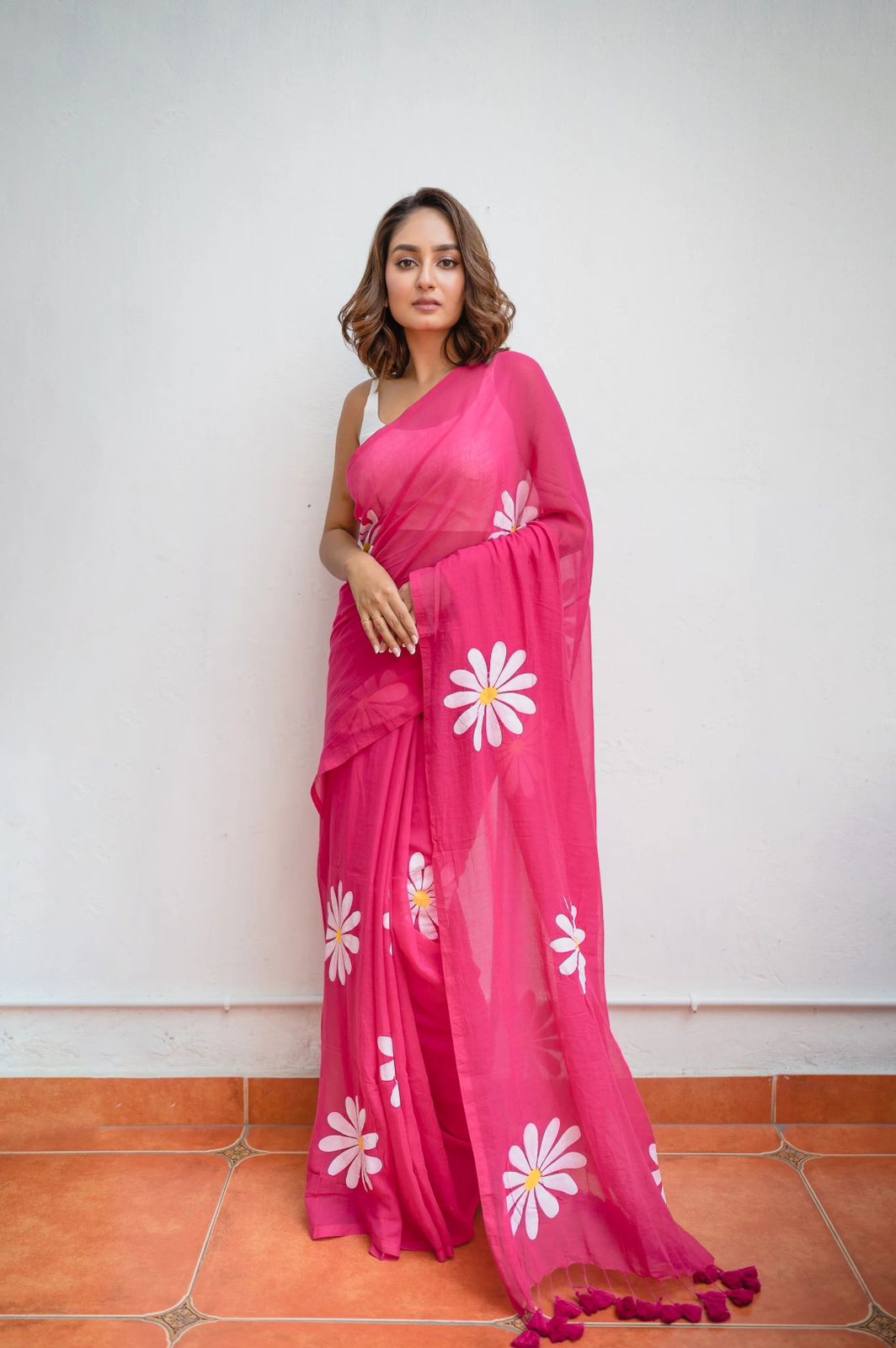 Pink Khadi cotton saree with Printed flower work