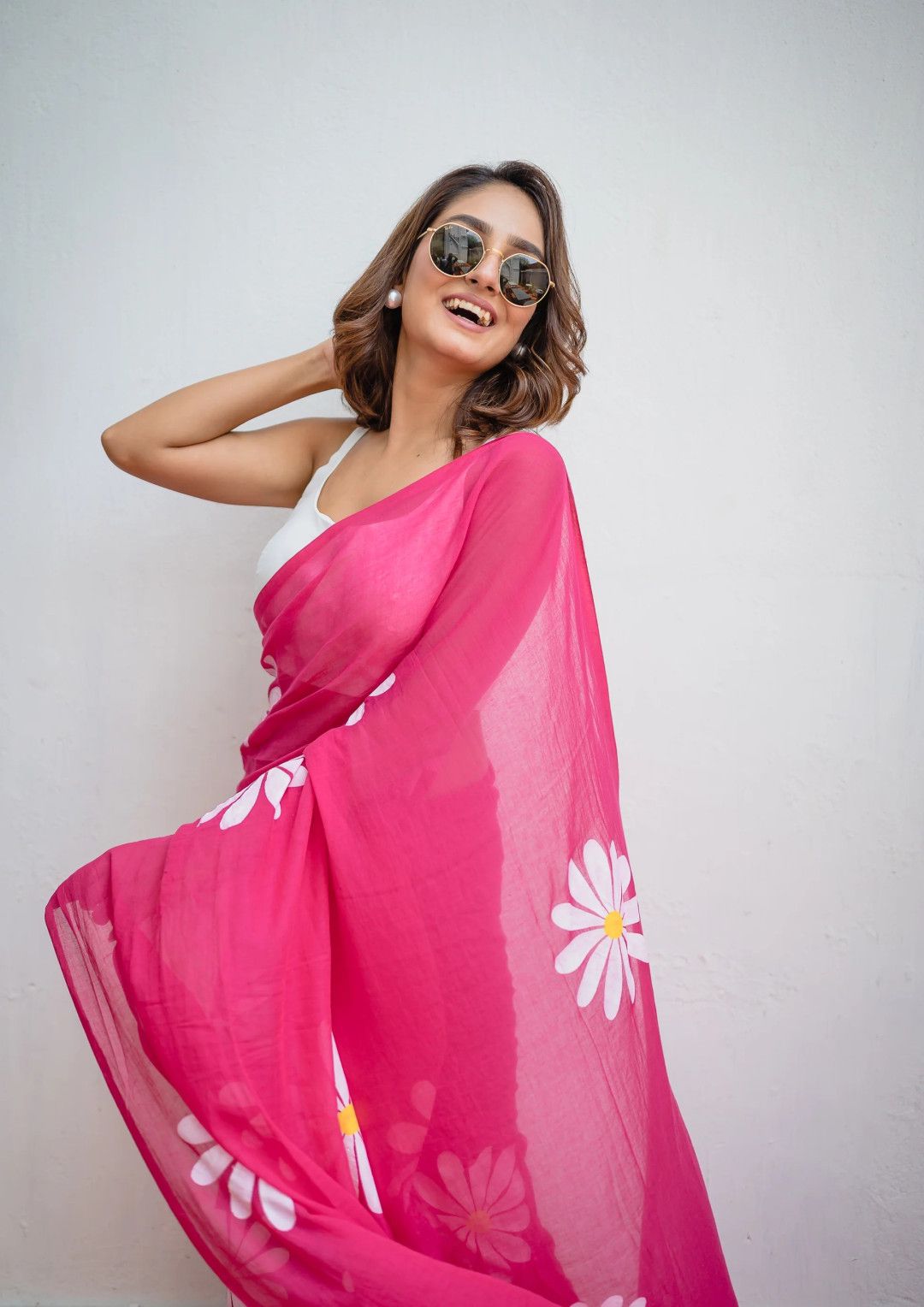Pink Khadi cotton saree with Printed flower work