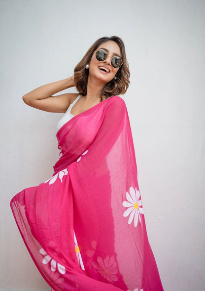 Pink Khadi cotton saree with Printed flower work