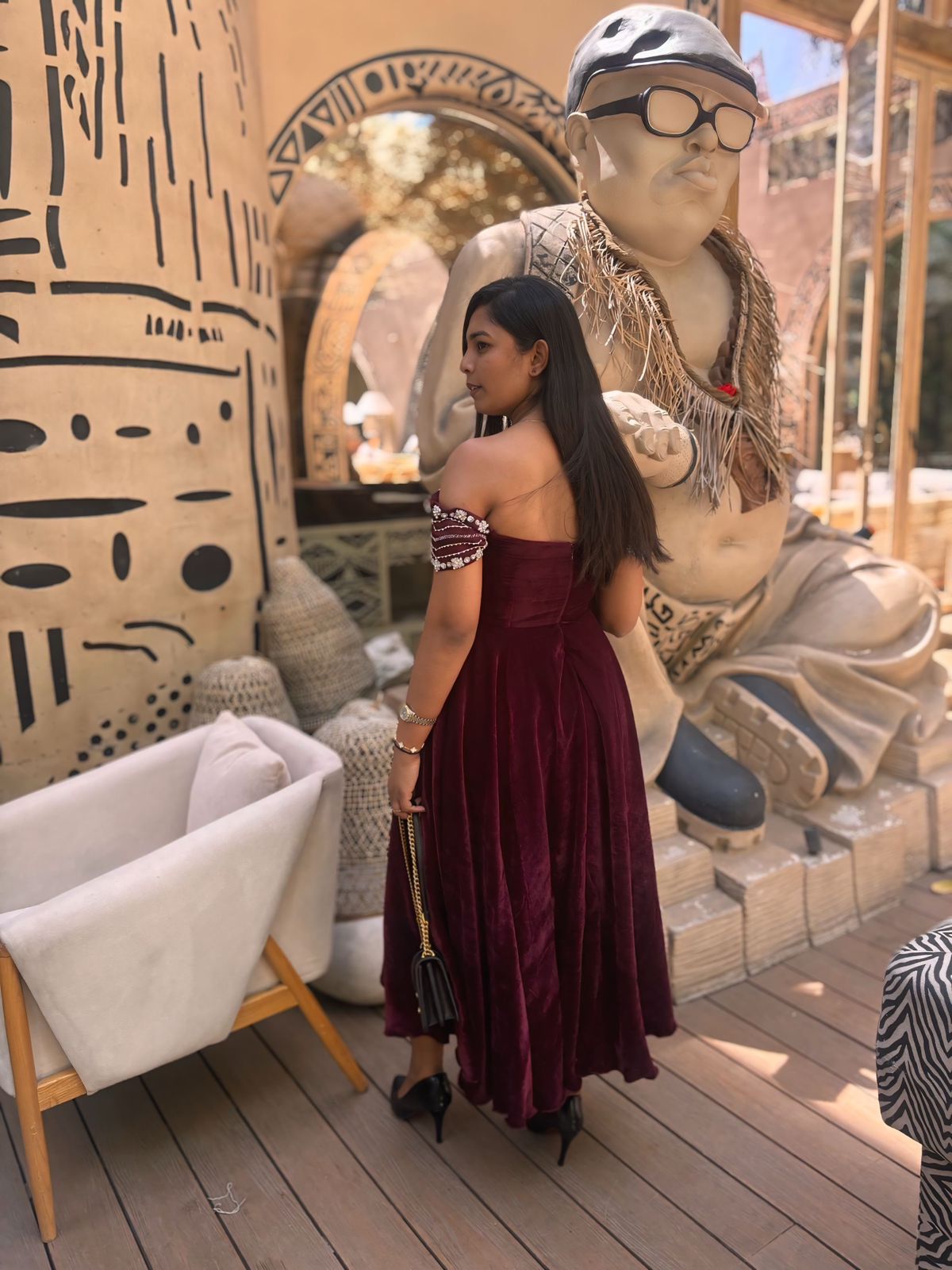 Velvet Crystal-Embellished Off-Shoulder Gown