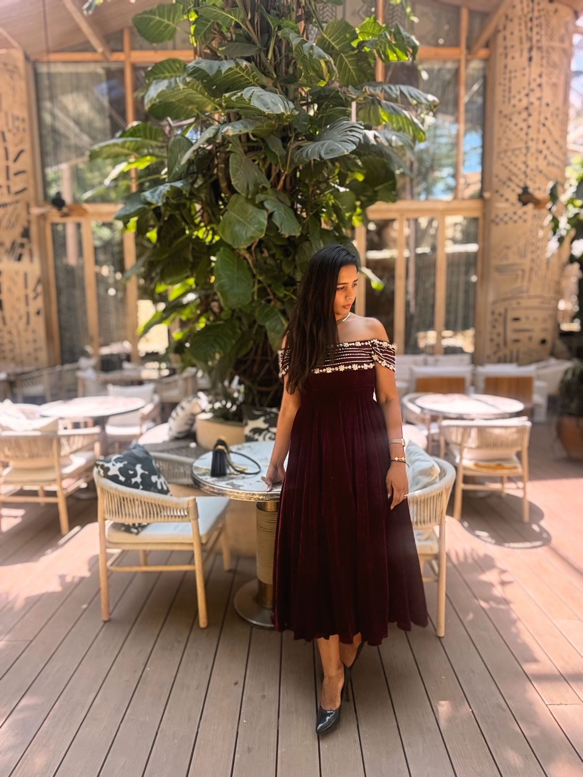 Velvet Crystal-Embellished Off-Shoulder Gown