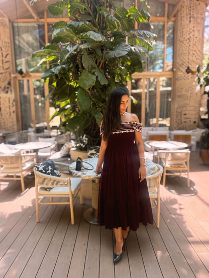Velvet Crystal-Embellished Off-Shoulder Gown