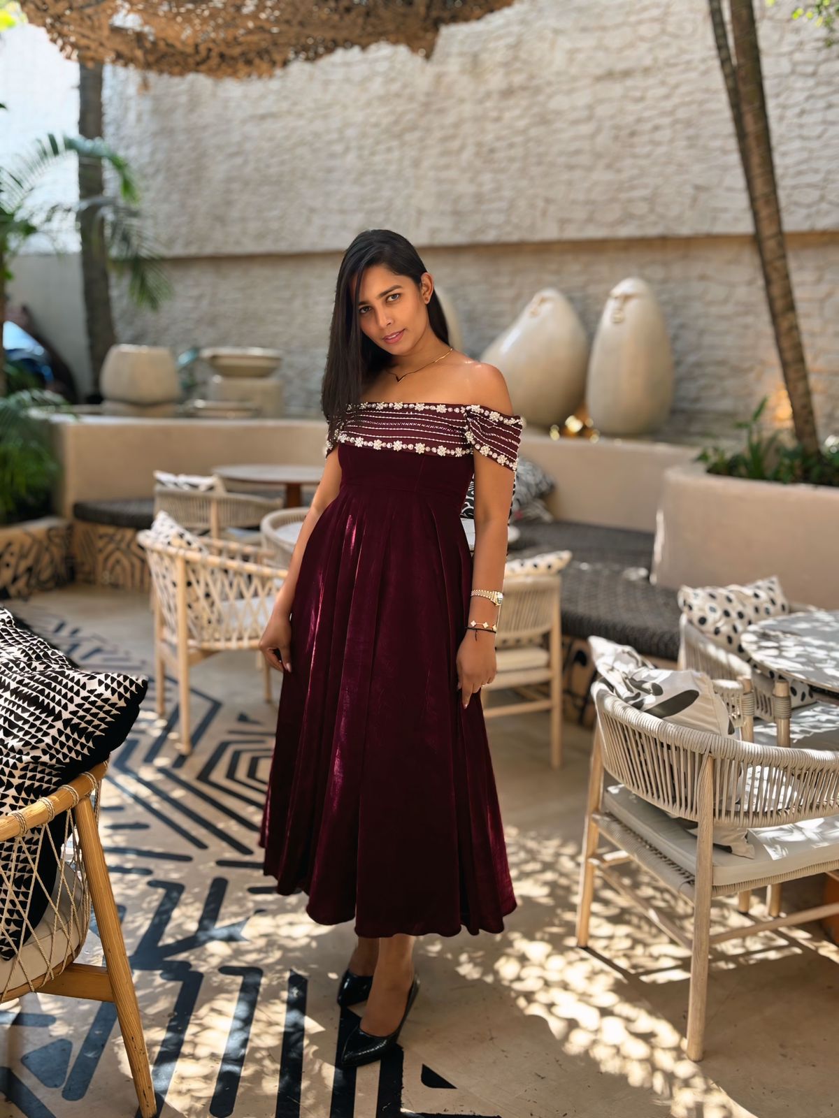 Velvet Crystal-Embellished Off-Shoulder Gown