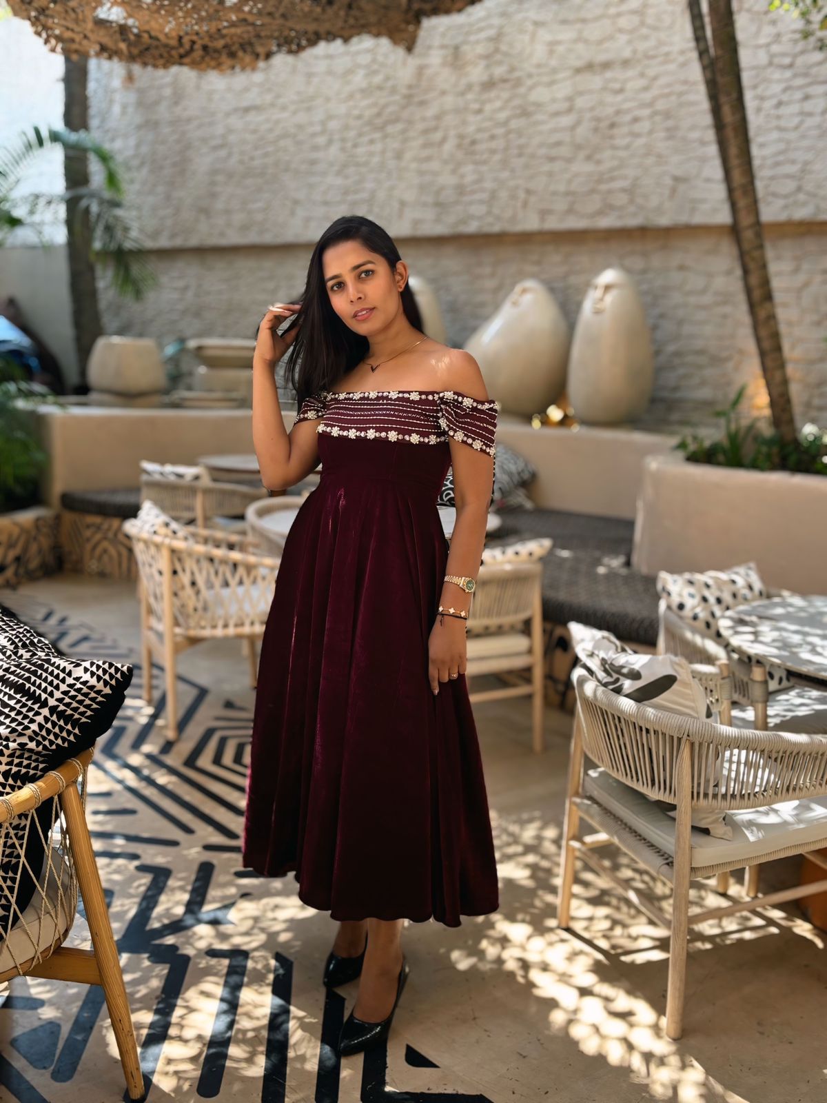 Velvet Crystal-Embellished Off-Shoulder Gown