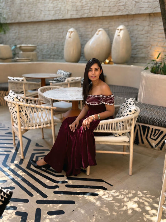 Velvet Crystal-Embellished Off-Shoulder Gown