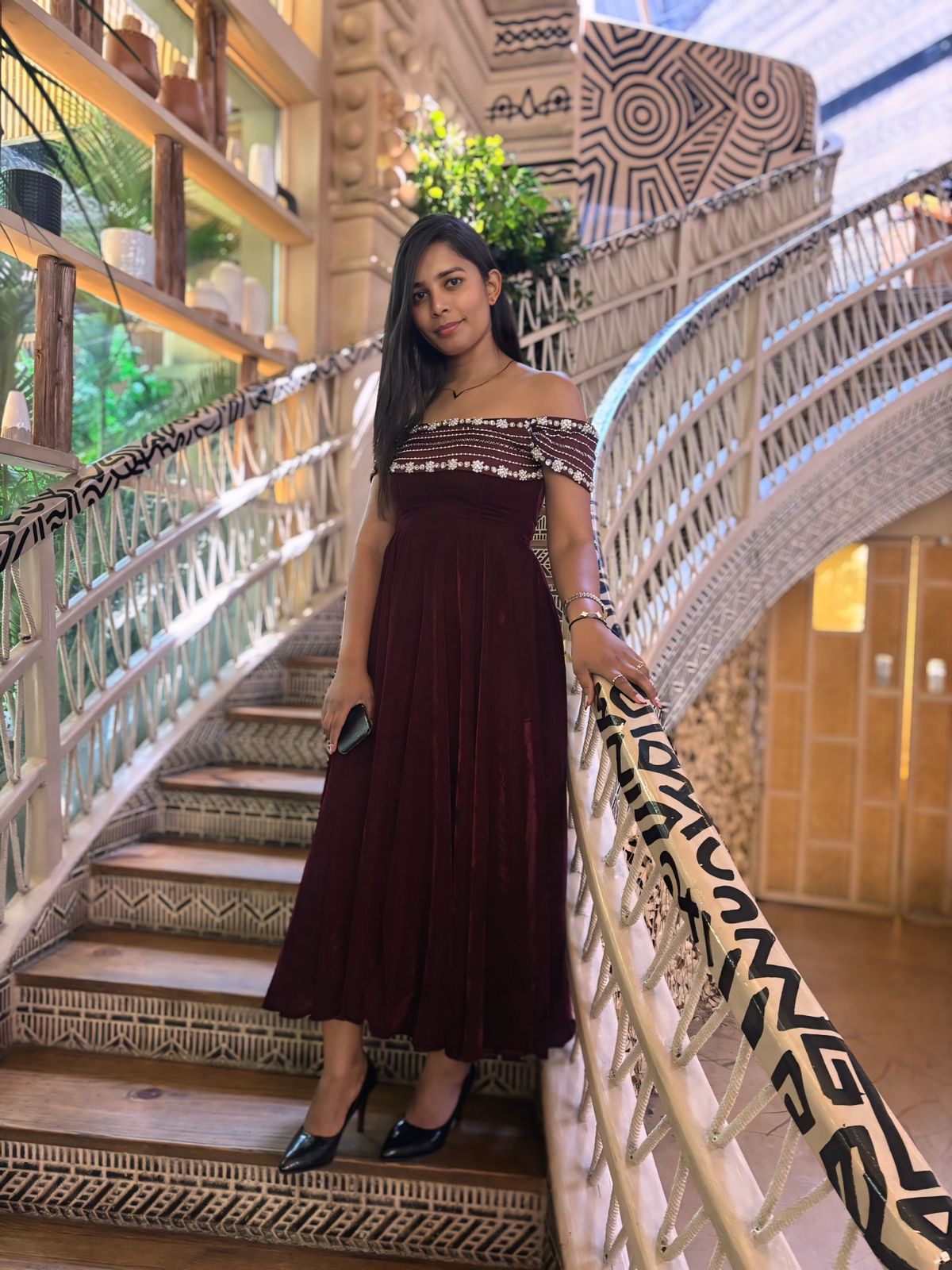 Velvet Crystal-Embellished Off-Shoulder Gown