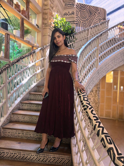 Velvet Crystal-Embellished Off-Shoulder Gown