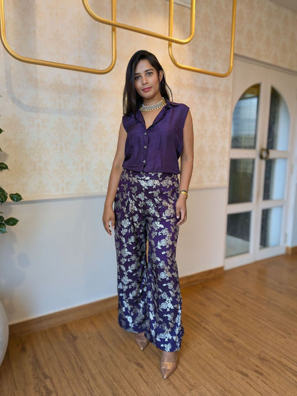 Purple Floral Coord Set – Sleeveless Shirt & Wide-Leg Brocade Pants