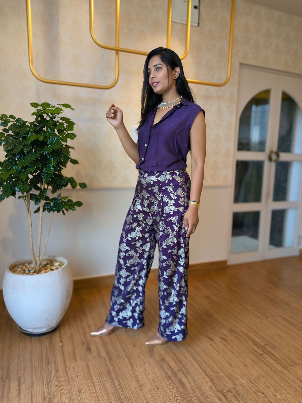Purple Floral Coord Set – Sleeveless Shirt & Wide-Leg Brocade Pants