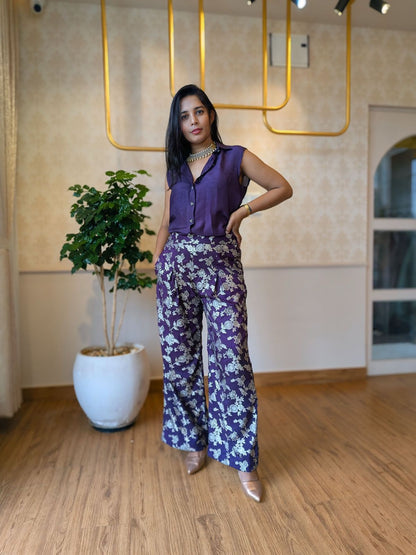 Purple Floral Coord Set – Sleeveless Shirt & Wide-Leg Brocade Pants