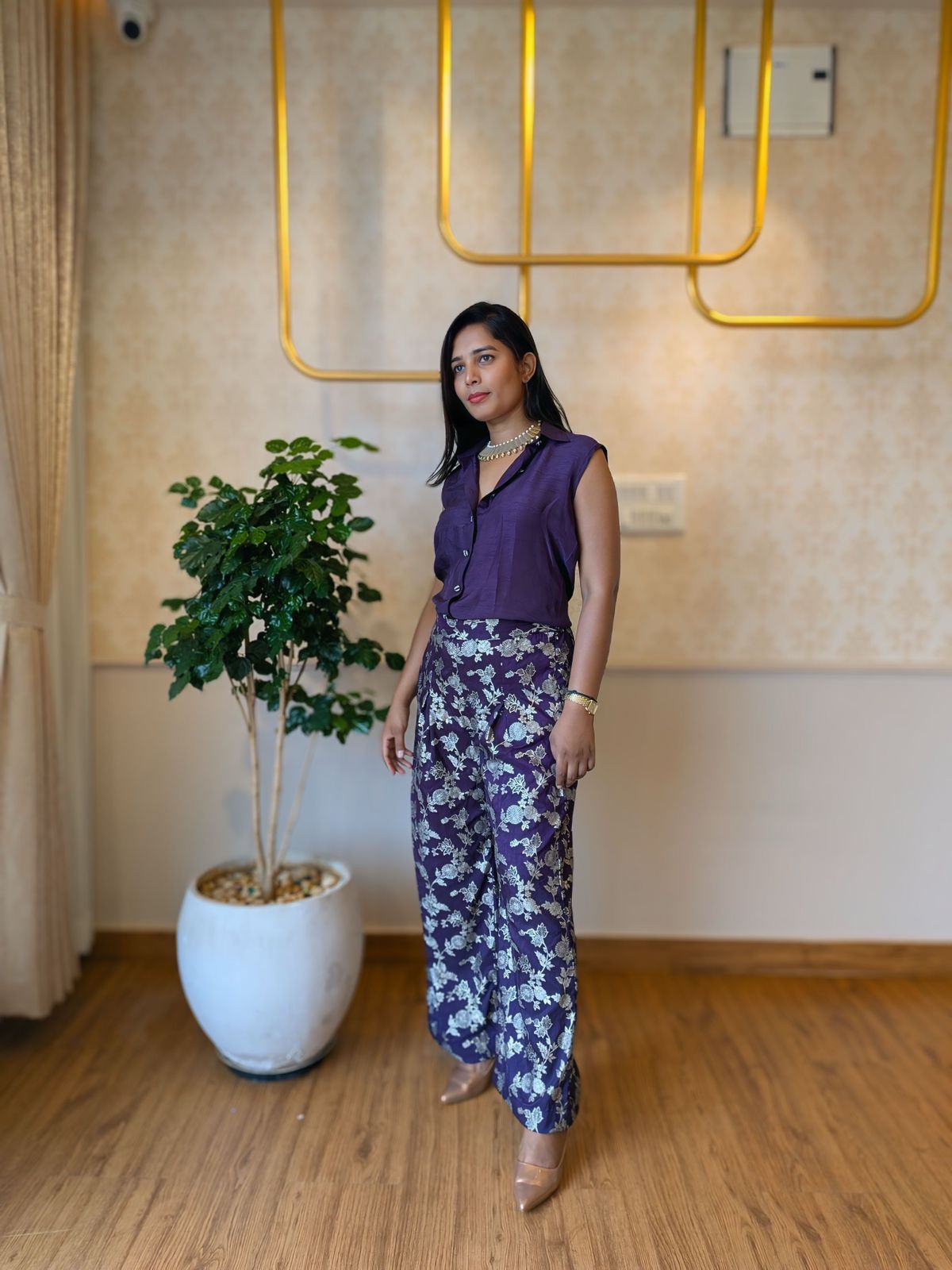 Purple Floral Coord Set – Sleeveless Shirt & Wide-Leg Brocade Pants