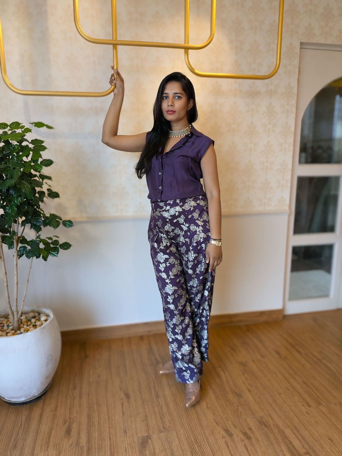 Purple Floral Coord Set – Sleeveless Shirt & Wide-Leg Brocade Pants