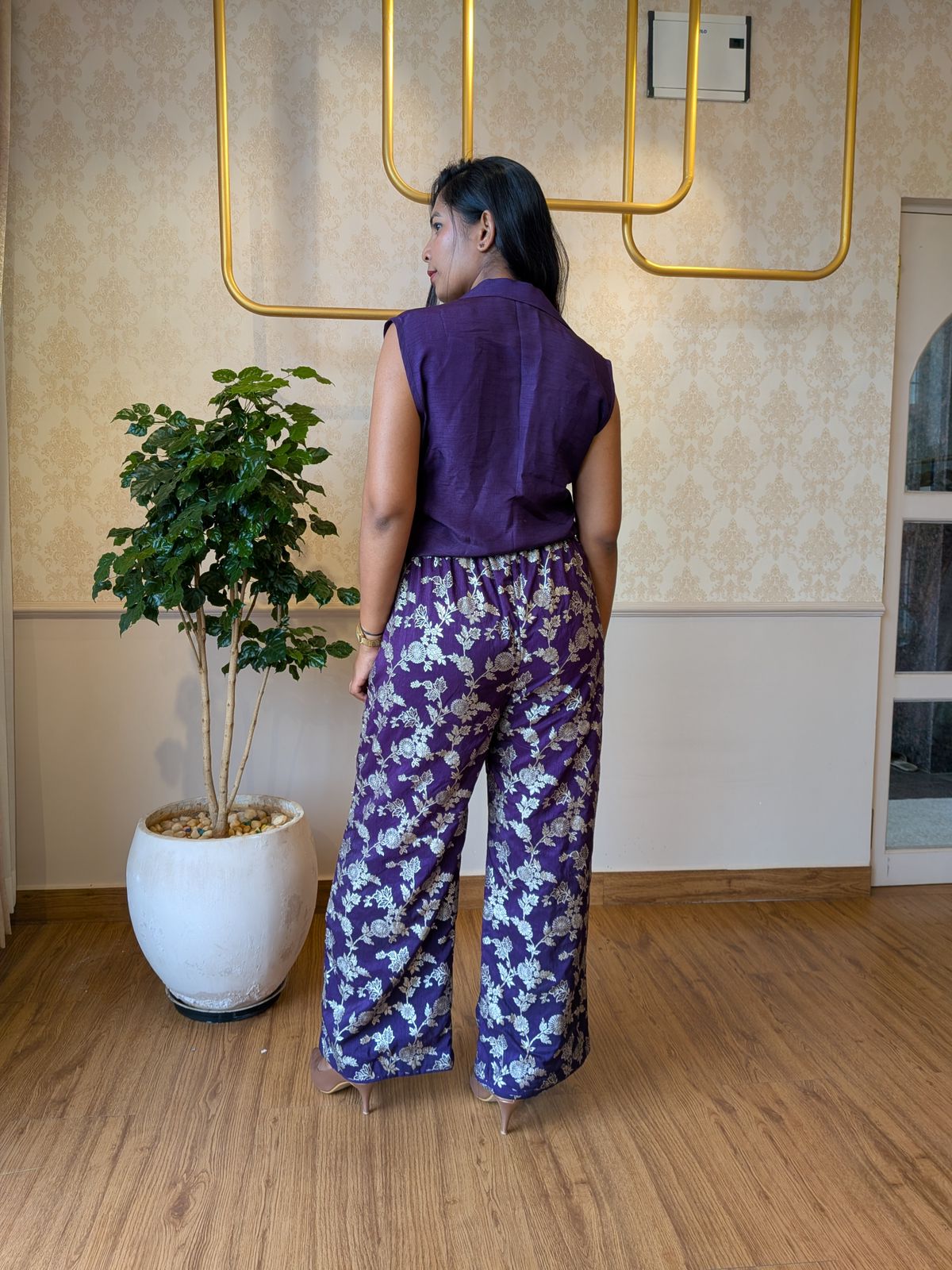 Purple Floral Coord Set – Sleeveless Shirt & Wide-Leg Brocade Pants