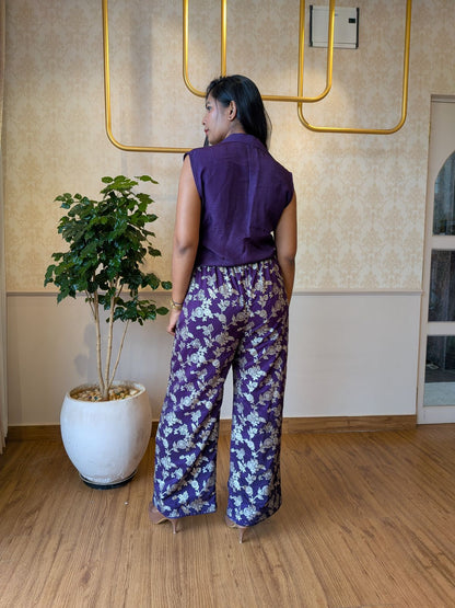 Purple Floral Coord Set – Sleeveless Shirt & Wide-Leg Brocade Pants